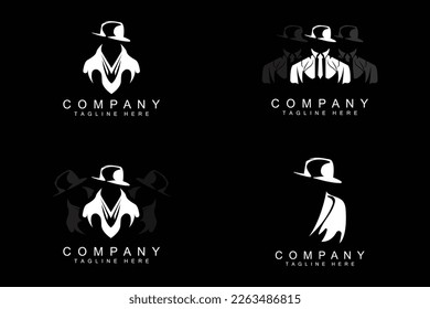 Detective Man Logo Design, Mafia Detective Fashion Tuxedo And Hat Illustration Vector, BlackMan Businesman Icon