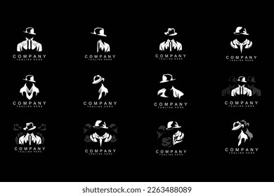 Detective Man Logo Design, Mafia Detective Fashion Tuxedo And Hat Illustration Vector, BlackMan Businesman Icon