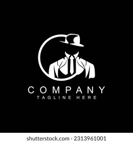 Detective Man Logo Design, Mafia Detective Fashion Tuxedo And Hat Illustration Vector, BlackMan Businesman Icon