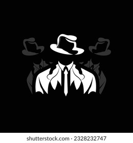 Detective Man Logo Design, Mafia Detective Fashion Tuxedo And Hat Illustration Vector, BlackMan Businesman Icon