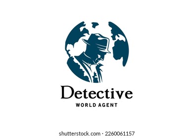 Detective man logo silhouette design with a blend of world icons, detective man design inspiration