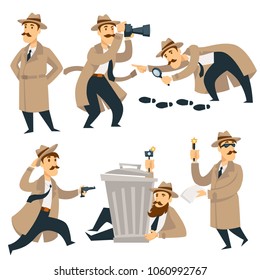 Detektiv auf der Vektorillustration Karikatur einzeln untersuchen Kriminalitätsbeweis