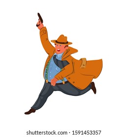 Detective man wearing a brown hat and coat running with a gun. Vector colorful illustration in cartoon style.