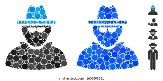 Detective mosaic of circle elements in various sizes and color tinges, based on detective icon. Vector round elements are combined into blue mosaic. Dotted detective icon in usual and blue versions.