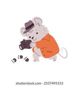 Detective mouse with photo camera studies the footprint and search evidence. Cartoon funny rat spy agent, pathfinder. Cute animal crime investigating vector flat character isolated on white