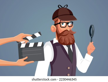 
Detective Movie Being Filmed Vector Cartoon Illustration. Actor filming a crime thriller playing the inspector part 
