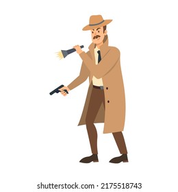 Detective with mustache vector illustration. Cartoon character in coat and hat, investigator or inspector solving mystery isolated on white