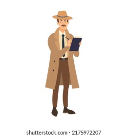 Detective With Mustache Vector Illustration. Character In Coat And Hat, Investigator Or Inspector Solving Mystery Isolated On White