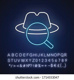 Detective neon light icon. Outer glowing effect. Sign with alphabet, numbers and symbols. Traditional movie genre, classic noir film. Hat and magnifying glass vector isolated RGB color illustration