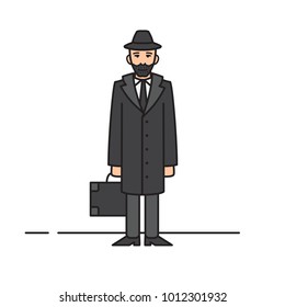 Detective occupation character design, cartoon line style. Design elements and icons. Man character