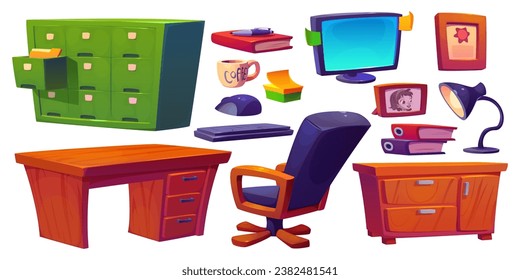 Detective office furniture set isolated on white background. Vector cartoon illustration of police station room design elements, desk, armchair, drawer with case folders, computer, lamp, photo frame