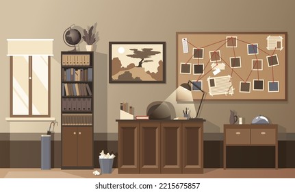 Detective office interior. Crime and criminal evidence. Wall board, wits and deduction system. Vector flat style cartoon illustration isolated on white background