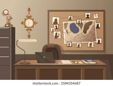 Detective office interior. Crime and criminal evidence. Wall board, wits and deduction system. Vector flat style cartoon illustration isolated on white background