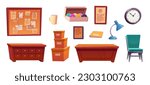 Detective office interior with desk and archive inside. Police bureau station furniture set cartoon icon on white background. Vintage table workplace clipart with chair and board to pin notes.