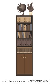 Detektives Büroinnenelement. Kabinett mit Archiv und Globus oben. Verbrechen und kriminelle Beweise. Vektorgrafik im Flachstil, einzeln auf weißem Hintergrund