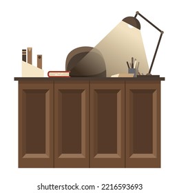 Detective office interior element. Desk with stationery for detective. Crime and criminal evidence. Vector flat style cartoon illustration isolated on white background