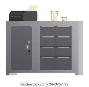 Innenelement der Detektei. Tisch mit Becher und Untertasse zum Mittagessen. Kriminalität und kriminelle Beweise. Vektor flache Stil Cartoon Illustration isoliert auf weißem Hintergrund