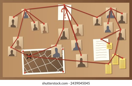 Innenelement der Detektei. Wandtafel, Witz und Abzugssystem. Kriminalität und kriminelle Beweise. Vektor flache Stil Cartoon Illustration isoliert auf weißem Hintergrund