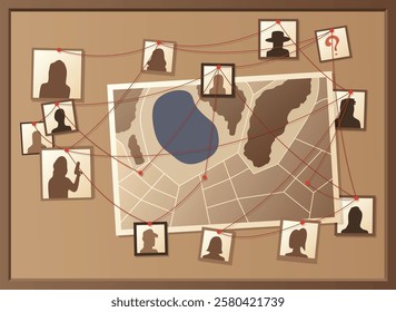 Detective office interior element. Wall board, wits and deduction system. Crime and criminal evidence. Vector flat style cartoon illustration isolated on white background