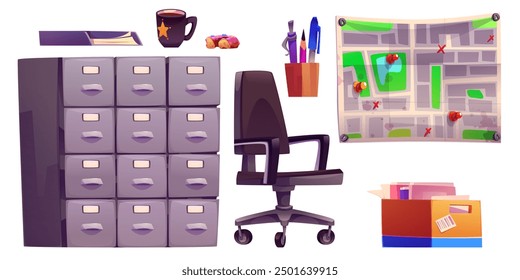 Detective office interior furniture and elements. Cartoon vector set of police department room objects - archive cabinet, box with materials and computer chair, wall map with pins, coffee and donut