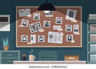 Detective office interior with investigation board. Cartoon interior of detectives room with desk, board on wall and elements of investigation. Detective workplace. Vector stock