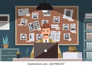 Detective office interior with investigation board. Cartoon interior of detectives room with desk, board on wall and elements of investigation. Detective workplace. Vector stock