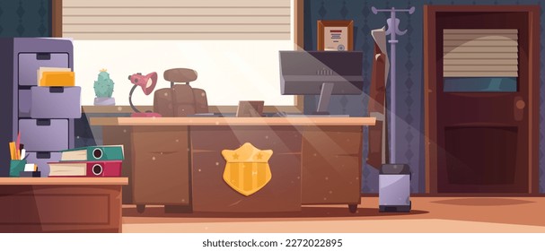 Detective office interior. Investigator cabinet room with clue evidence board, police department station inspector workplace flat style. Vector illustration of interior detective cabinet