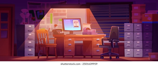 Detective office interior at night. Vector cartoon illustration of dark room with criminal photo on computer display, retro phone on desk, handcuffs on chair, drawers with case folders, lamp light