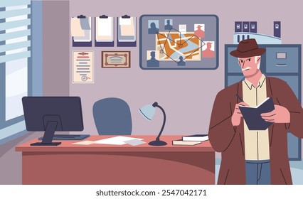 Detective office interior with private police agent character. Investigation work, man thinking about evidences and writing in notebook. Investigator vector scene
