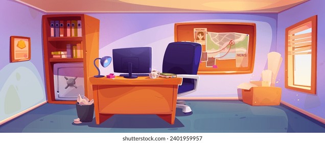 Interior de la oficina de detectives. Dibujo vectorial de la sala de la estación de policía con tablero de pruebas en la pared, computadora en escritorio de madera, sillón, carpetas con documentos del caso en repisa, luz del día en la ventana