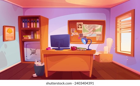 Detective office interior. Vector cartoon illustration of police station room with evidence board on wall, computer on wooden desk, armchair, folders with case documents on shelf, day light in window