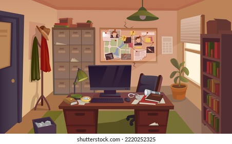 Detective Office. Investigator Cabinet Workplace Room, Police Board Map Crime Investigation Wall, Desk Spying Agency Criminal Information, Ingenious Vector Illustration Of Office Detective Interior