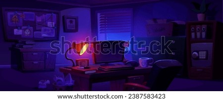 Detective office at night. Vector cartoon illustration of dark police station room with furniture, evidence board on wall, case folders on shelf, computer, coffee cup on desk, investigator workplace