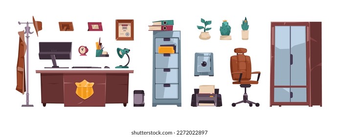 Detective office set. Police department interior elements, investigator workplace elements desk clue board with evidence flat style. Vector cartoon collection of office for detective illustration