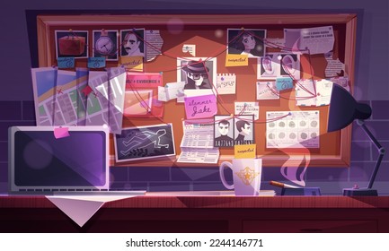 Detective office with table and board with evidences and red thread. Police workplace with laptop and lamp on desk and pinboard with photo, map and notes for investigation, vector cartoon illustration