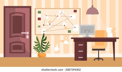 Detective office uinterior. Investigators office, investigation board, criminal case materials. Minimalistic apartment design. Research and analysis, synthesis. Cartoon flat vector illustration