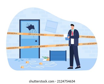Detective on crime scene flat vector illustration. Puzzled man with folder trying to find out criminal or murder, clearing up complicated case, looking for clues. Police, investigation concept