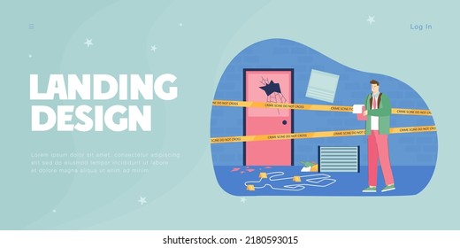 Detective on crime scene flat vector illustration. Puzzled man with folder trying to find out criminal or murder, clearing up complicated case, looking for clues. Police, investigation concept