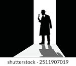 A detective in an open doorway, holding a magnifying glass. The silhouette casts a shadow on the floor in a dark room. Ideal for mystery-themed designs and detective graphics.