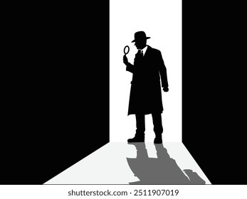 A detective in an open doorway, holding a magnifying glass. The silhouette casts a shadow on the floor in a dark room. Ideal for mystery-themed designs and detective graphics.