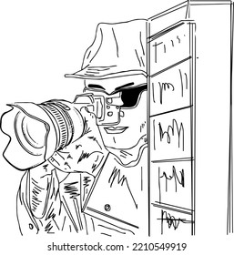 detective outline vector illustration, Detective taking photo quietly, Mystery Person Image, Detectives Hiding sketch drawing, Detective silhouette and clip art