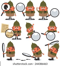 Detective Pack: Set of 9 illustrations of cartoon detective. No transparency and gradients used. 