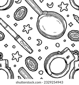 Detective pattern. Crime vintage spy, private business retro wallpaper with handcuffs, magnifying glass, ink sketch. Vector doodle background 