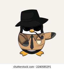 Caricatura del pingüino detective en ilustración vectorial. Trajes de pingüino, sombrero, gafas y fumar pipa.