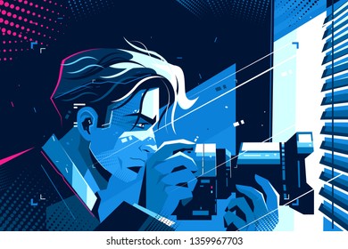 Detective with photo camera vector illustration. Young man spying on someone with digital camcorder indoors of secret apartment flat style design. Keeker at work concept