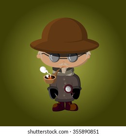 Detective with pipe in hat and glasses