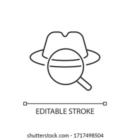 Detective pixel perfect linear icon. Thin line customizable illustration. Murder mystery, crime investigation contour symbol. Hat and magnifying glass vector isolated outline drawing. Editable stroke