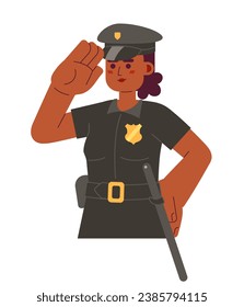 Detective police officer african american woman 2D cartoon character. Black adult cop policewoman isolated vector person white background. Constable saluting color flat spot illustration