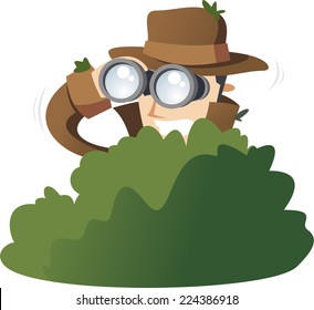 Detective Private Investigator Spy Spying in the bushes. Vector Illustration Cartoon. 