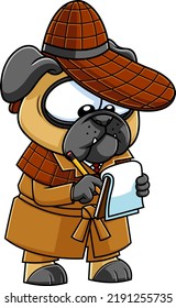 Detective Pug Dog Cartoon Character Making Notes. Vector Hand Drawn Illustration Isolated On Transparent Background